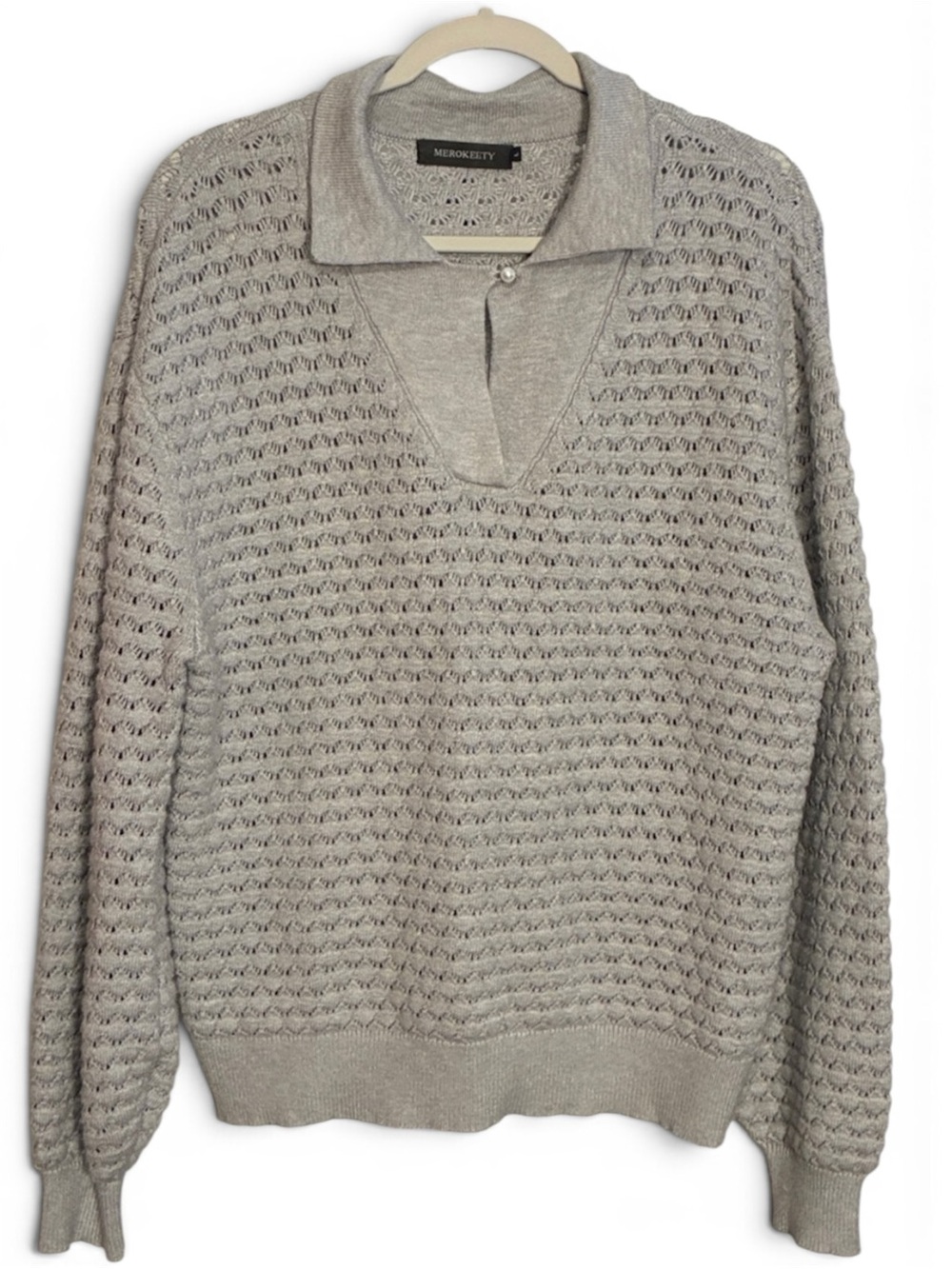 Merokeety Light Gray Open-Knit Collared Sweater Large